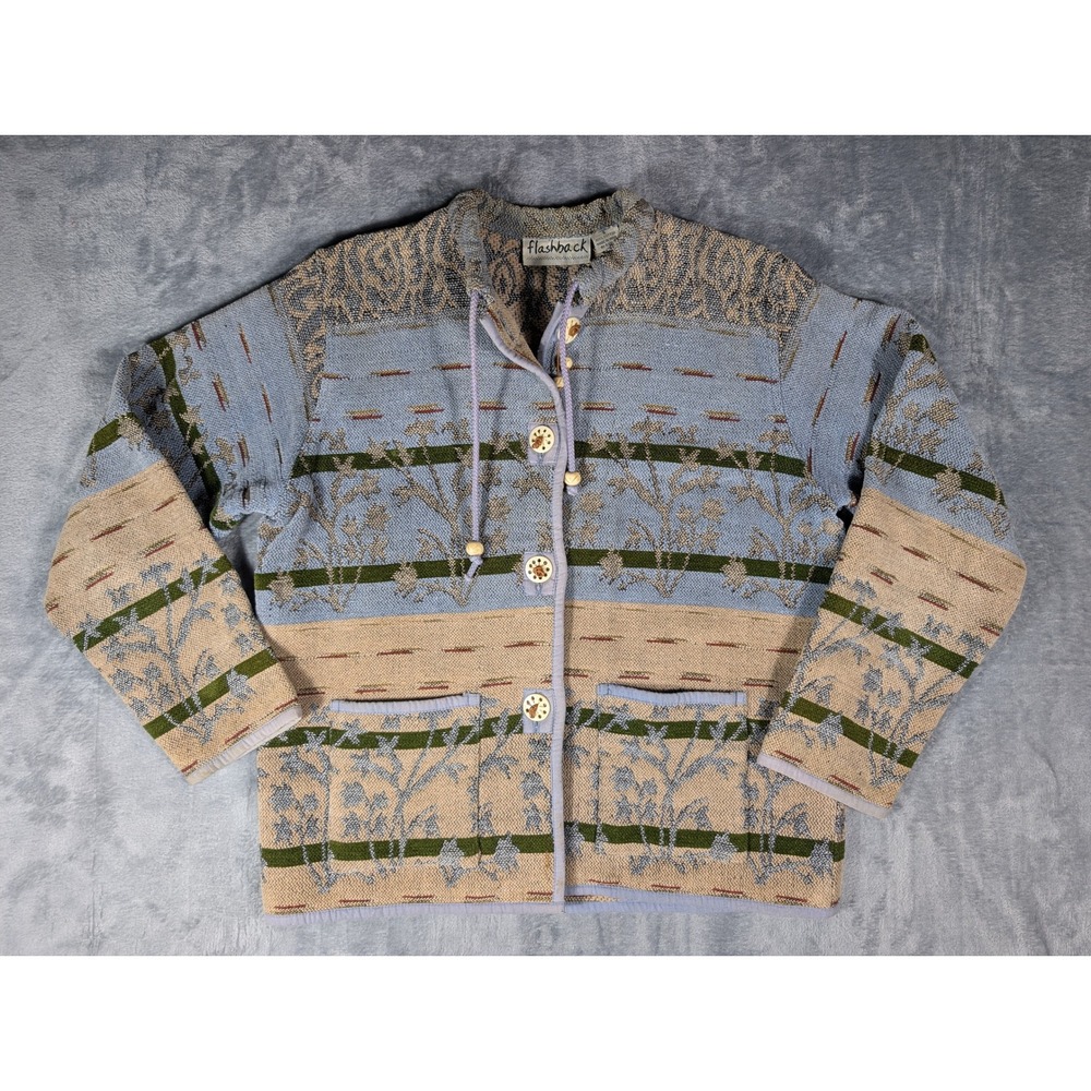 Flashback Vintage Woven Tapestry Jacket Blue Tan Cotton Botanical Small Size